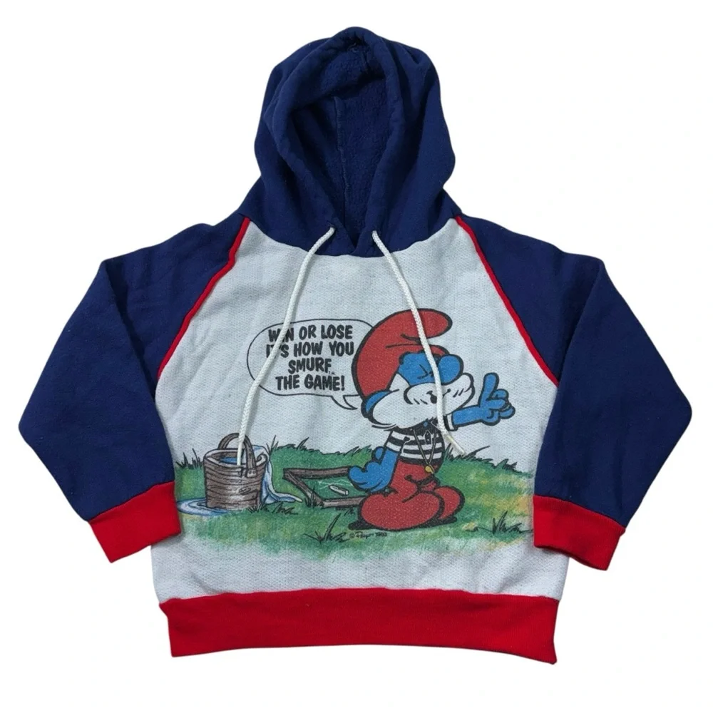 Vintage 80s Papa Smurf Sears Tag Win Or Lose Smurf The Game Hoodie Top Small 4